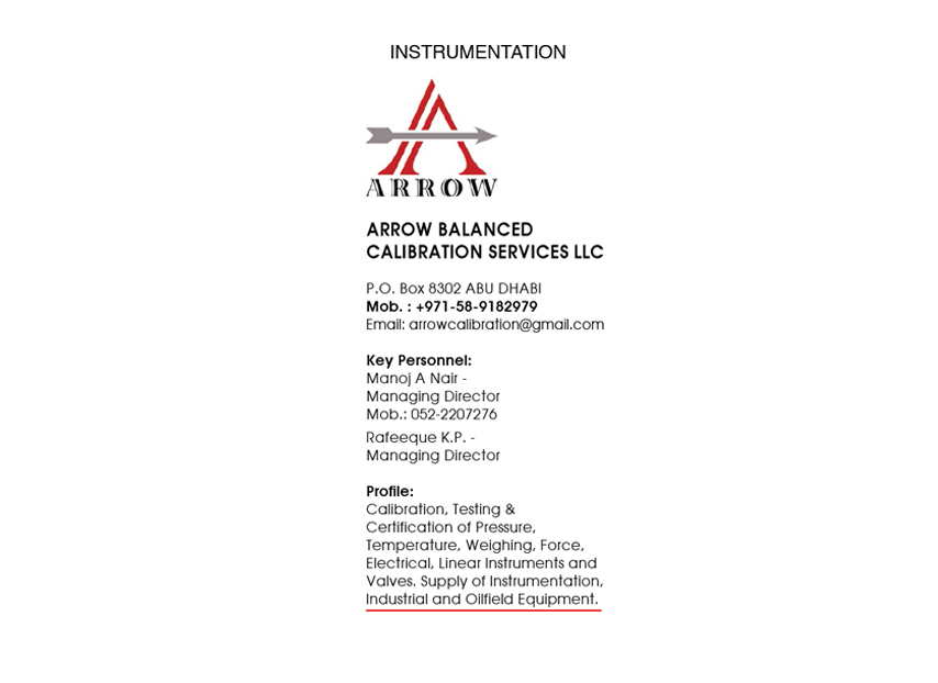 Arrow Balanced Calibration Services Llc Abu Dhabi United Arab Emirates Oil Gas Directory